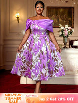 AOMEIDRESS Elegant Jacquard A Line Wedding Guests Dresses Slash Neck Purple / 0XL