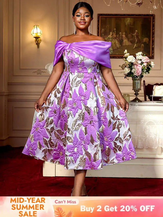 AOMEIDRESS Elegant Jacquard A Line Wedding Guests Dresses Slash Neck Purple / 0XL