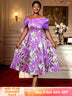 AOMEIDRESS Elegant Jacquard A Line Wedding Guests Dresses Slash Neck Purple / 0XL