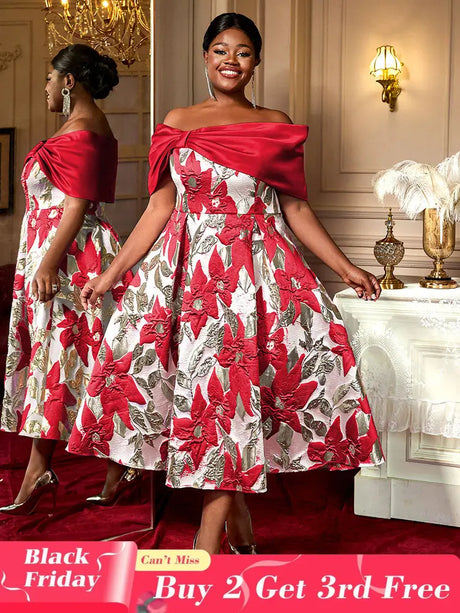 AOMEIDRESS Elegant Jacquard A Line Wedding Guests Dresses Slash Neck Red / 0XL