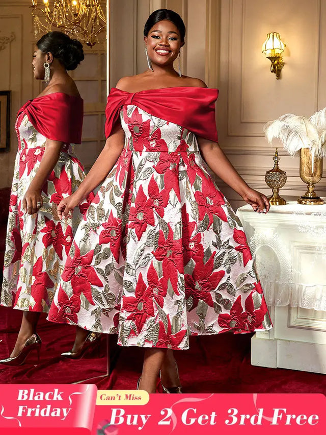 AOMEIDRESS Elegant Jacquard A Line Wedding Guests Dresses Slash Neck Red / 0XL