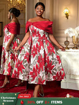 AOMEIDRESS Elegant Jacquard A Line Wedding Guests Dresses Slash Neck Red / 0XL