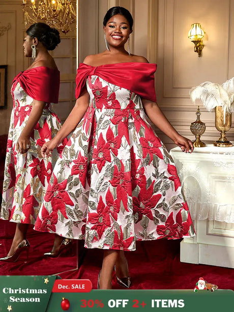 AOMEIDRESS Elegant Jacquard A Line Wedding Guests Dresses Slash Neck Red / 0XL