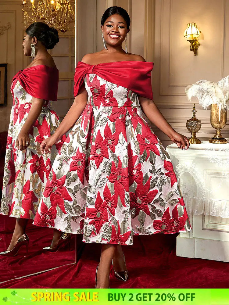 AOMEIDRESS Elegant Jacquard A Line Wedding Guests Dresses Slash Neck Red / 0XL