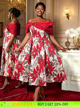 AOMEIDRESS Elegant Jacquard A Line Wedding Guests Dresses Slash Neck Red / 0XL