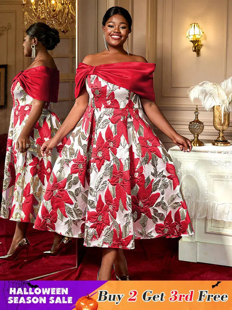 AOMEIDRESS Elegant Jacquard A Line Wedding Guests Dresses Slash Neck Red / 0XL