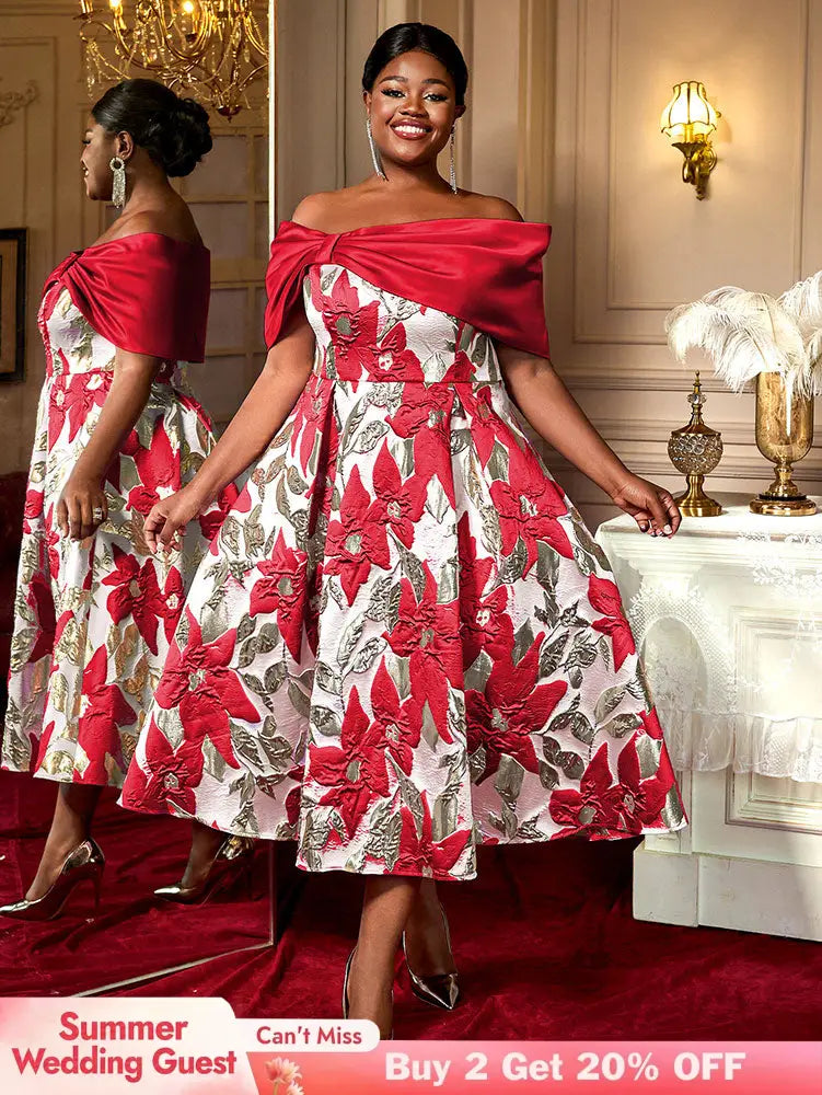 AOMEIDRESS Elegant Jacquard A Line Wedding Guests Dresses Slash Neck Red / 0XL