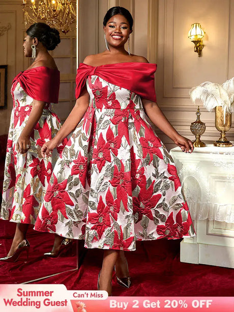 AOMEIDRESS Elegant Jacquard A Line Wedding Guests Dresses Slash Neck Red / 0XL