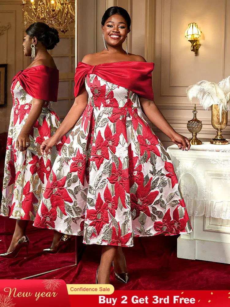 AOMEIDRESS Elegant Jacquard A Line Wedding Guests Dresses Slash Neck Red / 0XL