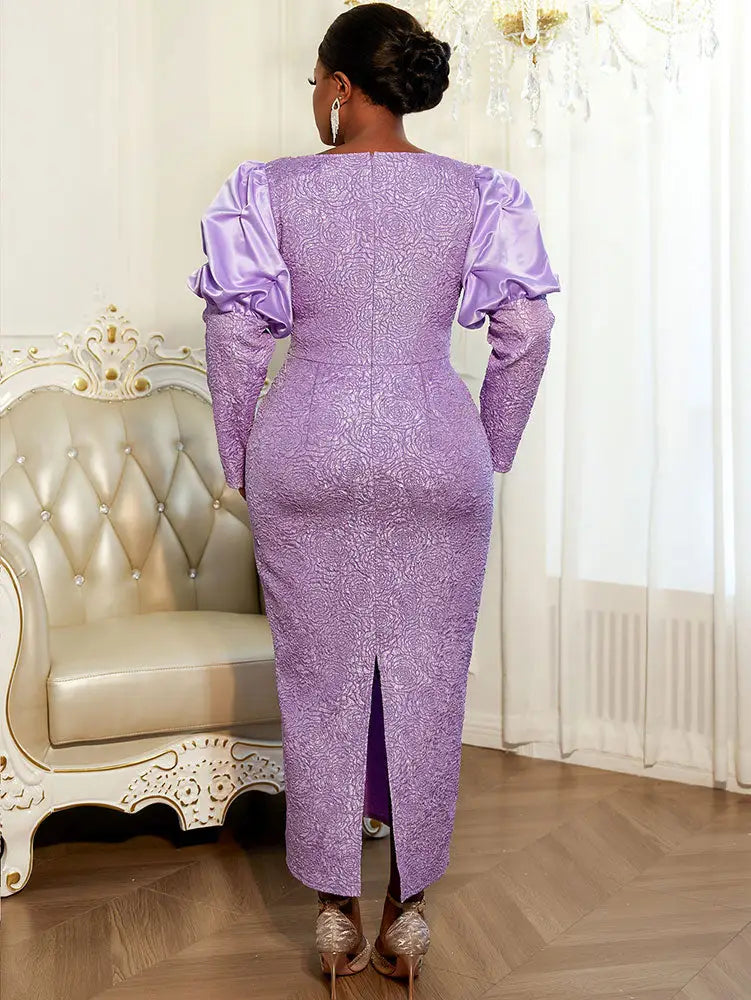 AOMEIDRESS Elegant Jacquard Bodycon Dress Puff Sleeve Folds Gowns