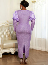 AOMEIDRESS Elegant Jacquard Bodycon Dress Puff Sleeve Folds Gowns