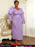 AOMEIDRESS Elegant Jacquard Bodycon Dress Puff Sleeve Folds Gowns Purple / L