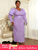 AOMEIDRESS Elegant Jacquard Bodycon Dress Puff Sleeve Folds Gowns Purple / L