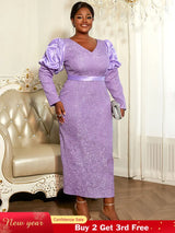 AOMEIDRESS Elegant Jacquard Bodycon Dress Puff Sleeve Folds Gowns Purple / L