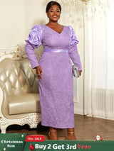 AOMEIDRESS Elegant Jacquard Bodycon Dress Puff Sleeve Folds Gowns Purple / L