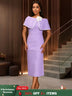 AOMEIDRESS Elegant Jacquard Cape Sleeve Dress with Feather Decoration Purple / S