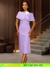 AOMEIDRESS Elegant Jacquard Cape Sleeve Dress with Feather Decoration Purple / S