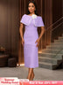 AOMEIDRESS Elegant Jacquard Cape Sleeve Dress with Feather Decoration Purple / S