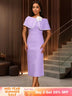 AOMEIDRESS Elegant Jacquard Cape Sleeve Dress with Feather Decoration Purple / S
