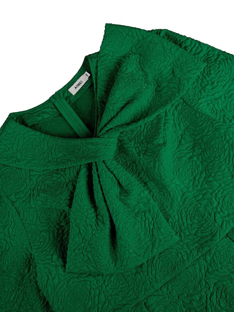 AOMEIDRESS Elegant Jacquard Church Party Dress With Bow Peplum V Neck