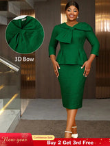 AOMEIDRESS Elegant Jacquard Church Party Dress With Bow Peplum V Neck DarkGreen / S