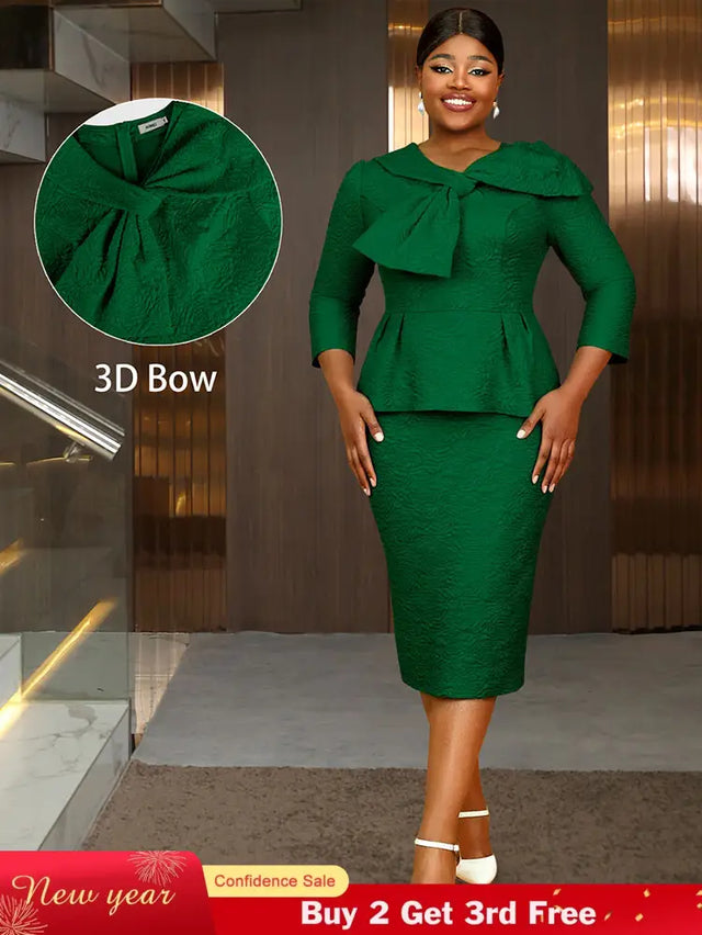 AOMEIDRESS Elegant Jacquard Church Party Dress With Bow Peplum V Neck DarkGreen / S