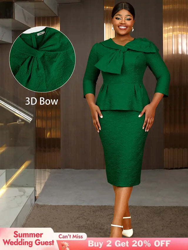 AOMEIDRESS Elegant Jacquard Church Party Dress With Bow Peplum V Neck DarkGreen / S
