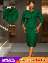 AOMEIDRESS Elegant Jacquard Church Party Dress With Bow Peplum V Neck DarkGreen / S