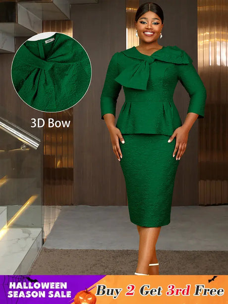 AOMEIDRESS Elegant Jacquard Church Party Dress With Bow Peplum V Neck DarkGreen / S