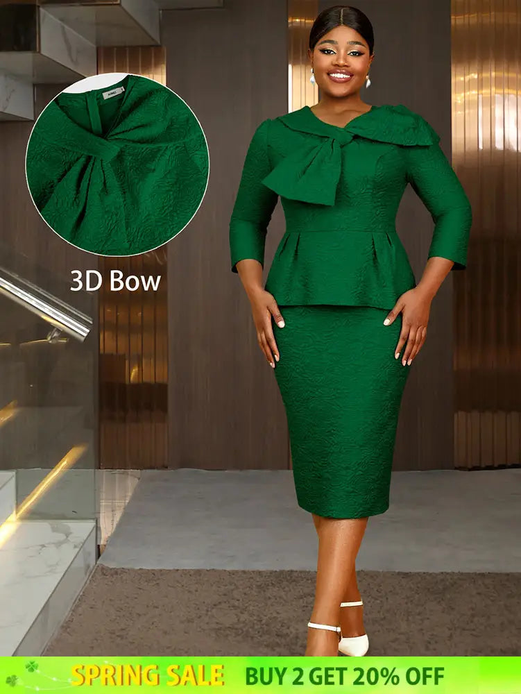 AOMEIDRESS Elegant Jacquard Church Party Dress With Bow Peplum V Neck DarkGreen / S