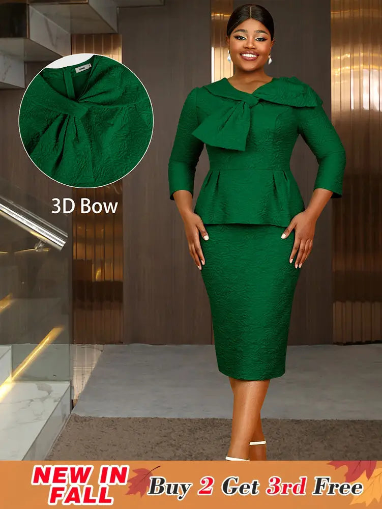 AOMEIDRESS Elegant Jacquard Church Party Dress With Bow Peplum V Neck DarkGreen / S