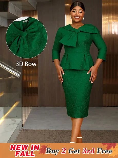 AOMEIDRESS Elegant Jacquard Church Party Dress With Bow Peplum V Neck DarkGreen / S