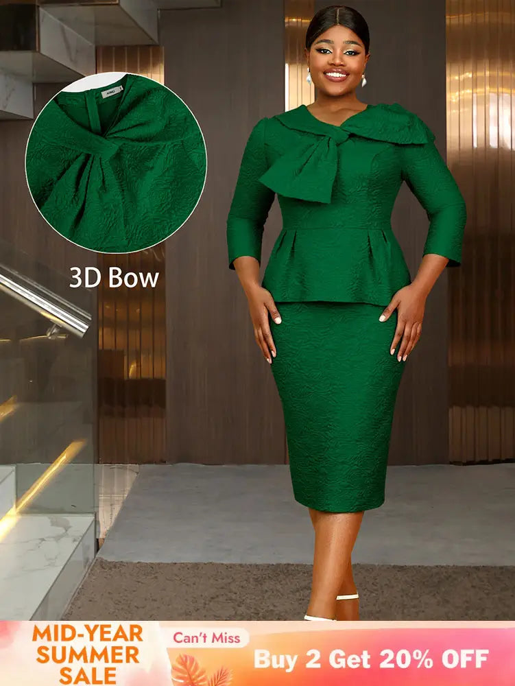 DarkGreen 3D Bow Peplum Package Hip Dress Elegant Work Party Outfit