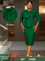 AOMEIDRESS Elegant Jacquard Church Party Dress With Bow Peplum V Neck DarkGreen / S