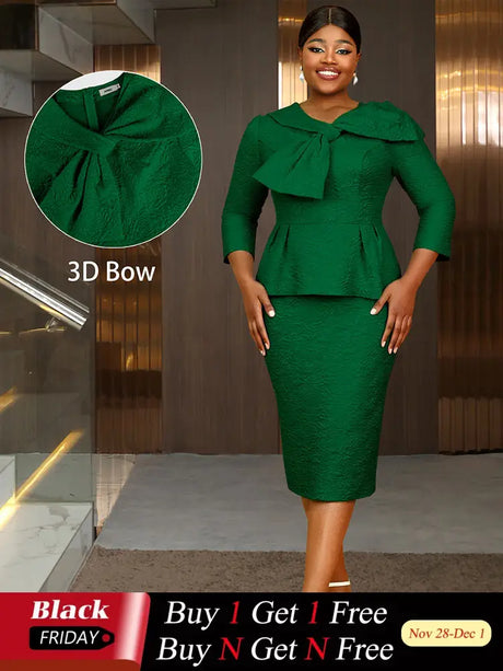 AOMEIDRESS Elegant Jacquard Church Party Dress With Bow Peplum V Neck DarkGreen / S