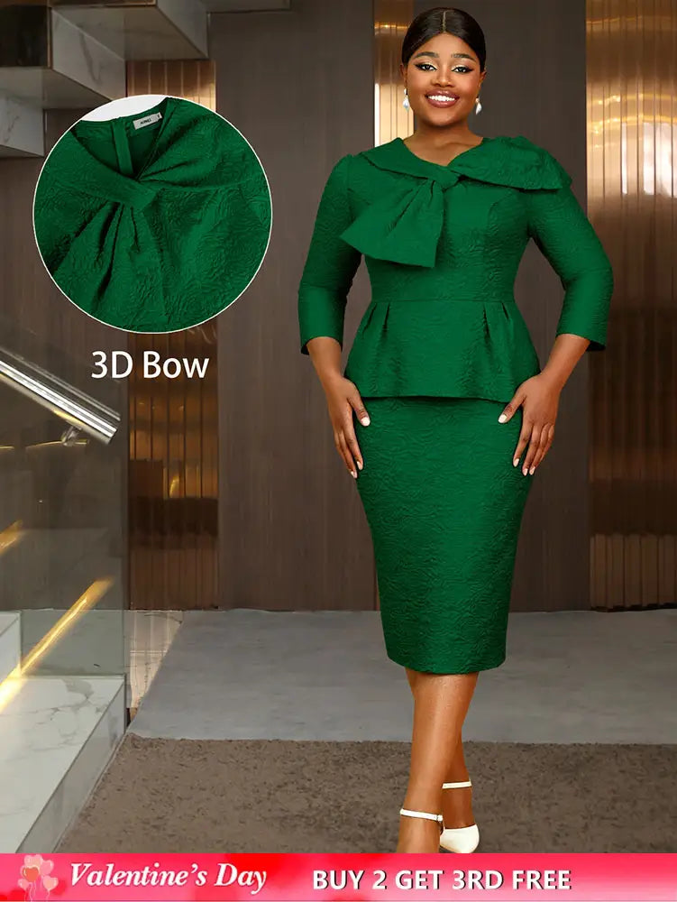 AOMEIDRESS Elegant Jacquard Church Party Dress With Bow Peplum V Neck DarkGreen / S