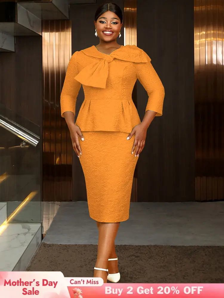 Women Elegant Jacquard Dress Bow Neck Peplum Bodycon Party Gown Orange / S