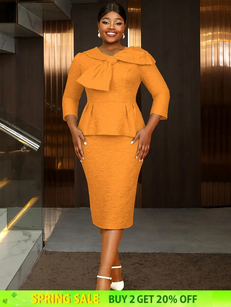 Women Elegant Jacquard Dress Bow Neck Peplum Bodycon Party Gown Orange / S