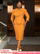 Women Elegant Jacquard Dress Bow Neck Peplum Bodycon Party Gown Orange / S