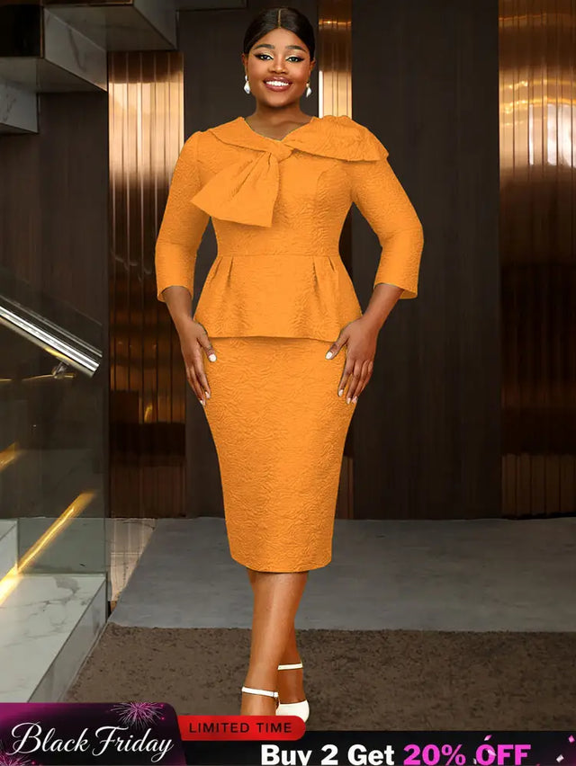 Women Elegant Jacquard Dress Bow Neck Peplum Bodycon Party Gown Orange / S