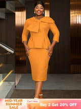 Women Elegant Jacquard Dress Bow Neck Peplum Bodycon Party Gown Orange / S