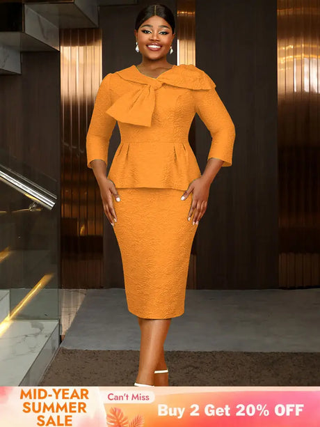 Women Elegant Jacquard Dress Bow Neck Peplum Bodycon Party Gown Orange / S