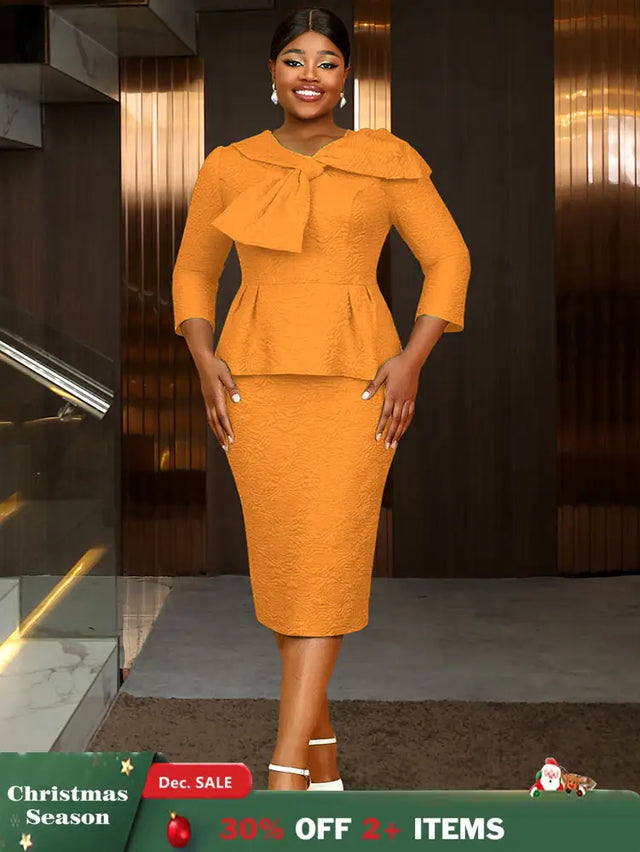 Women Elegant Jacquard Dress Bow Neck Peplum Bodycon Party Gown Orange / S