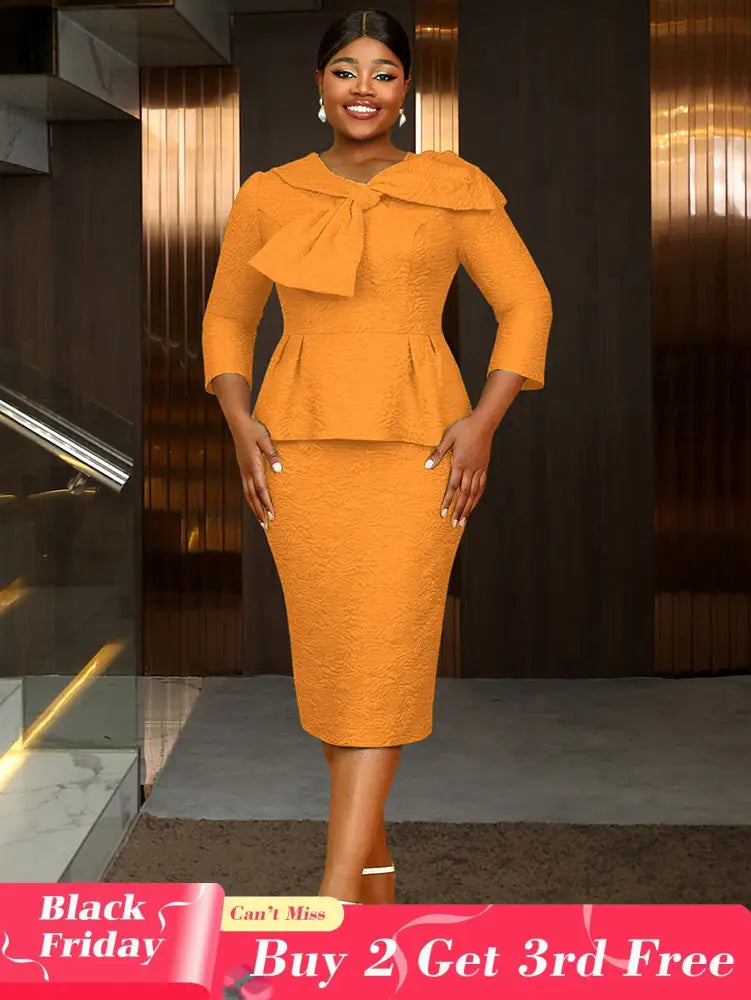 Women Elegant Jacquard Dress Bow Neck Peplum Bodycon Party Gown Orange / S