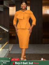 Women Elegant Jacquard Dress Bow Neck Peplum Bodycon Party Gown Orange / S