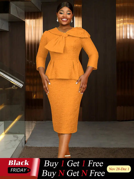 Women Elegant Jacquard Dress Bow Neck Peplum Bodycon Party Gown Orange / S