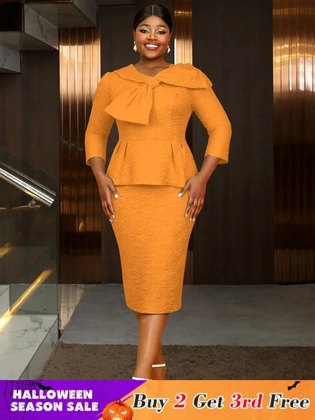 Women Elegant Jacquard Dress Bow Neck Peplum Bodycon Party Gown Orange / S