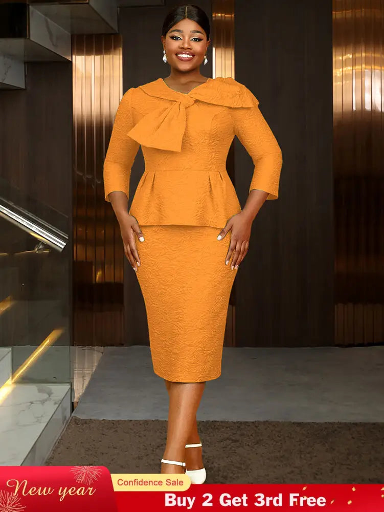 Women Elegant Jacquard Dress Bow Neck Peplum Bodycon Party Gown Orange / S