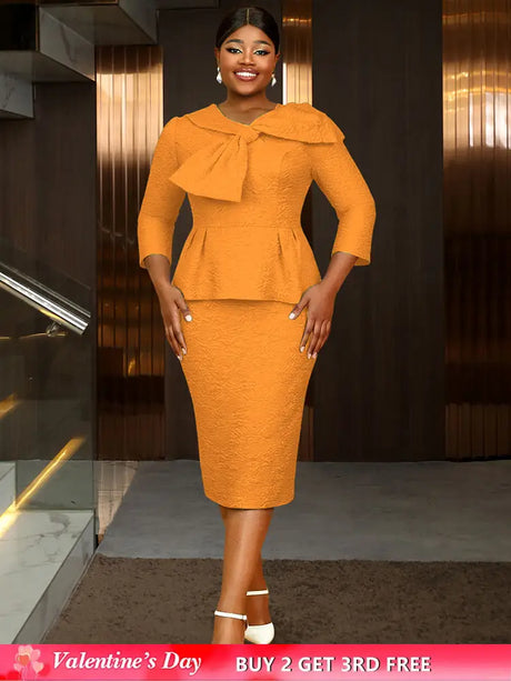 Women Elegant Jacquard Dress Bow Neck Peplum Bodycon Party Gown Orange / S