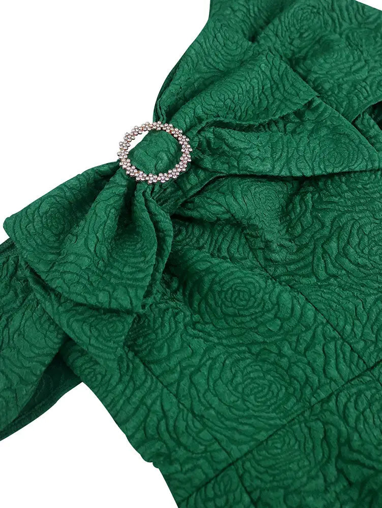 AOMEIDRESS Elegant Jacquard Dress Slash Neck Bodycon with Big Bow